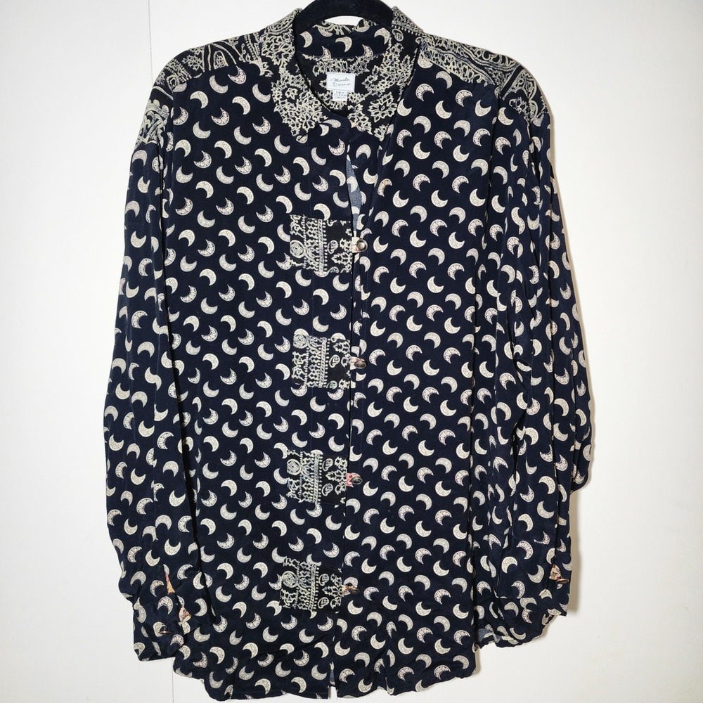 Marla Duran Blouse Women XL Black Moon Print Art to Wear Excellent Mixed Pattern